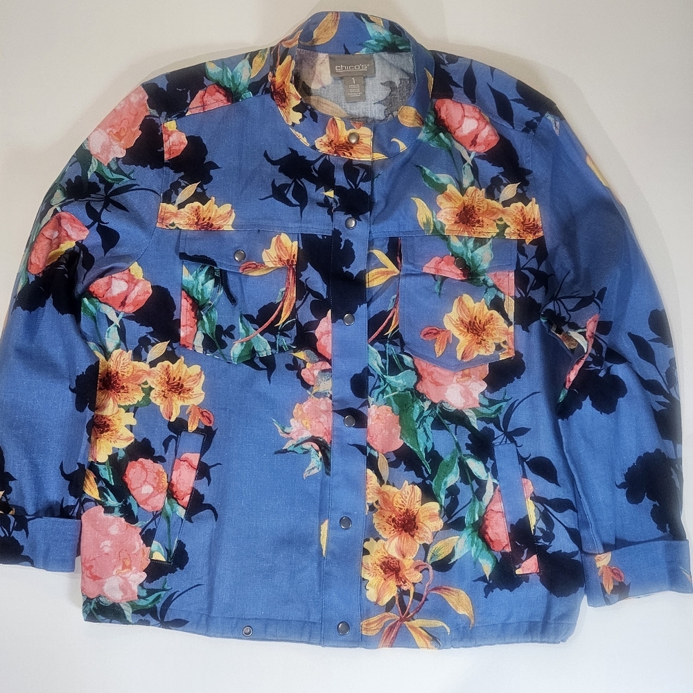 Chicos‎ Design Silk Top Womens Large Blue Multicolor Lantern Print Button Down